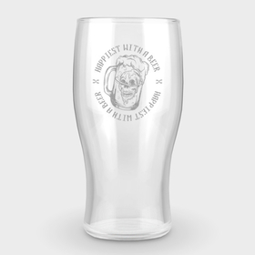 Бокал пивной с гравировкой с принтом Happiest with a beer ,  |  | beer | engraving | skull | гравировка | надписи | цитаты | череп