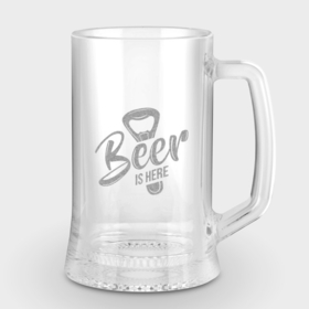 Кружка пивная с гравировкой с принтом Beer is here ,  |  | Тематика изображения на принте: beer | engraving | гравировка | надписи | цитаты