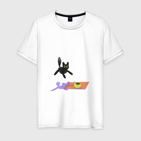 Мужская футболка хлопок с принтом Летающий кот. Кот и мышь в Новосибирске, 100% хлопок | прямой крой, круглый вырез горловины, длина до линии бедер, слегка спущенное плечо. | домашний | испуганный | кот | котенок | кошка | миска | мышь | прикол | прыжок | смешной | юмор