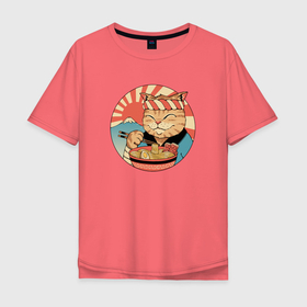 Мужская футболка хлопок Oversize с принтом Catana Ramen , 100% хлопок | свободный крой, круглый ворот, “спинка” длиннее передней части | anime | cat | аниме | еда | киса | китайский | корейский | кот | котенок | котэ | кошка | лапша | рамен | солнце | фудзияма | японский