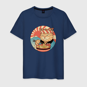 Мужская футболка хлопок с принтом Catana Ramen в Новосибирске, 100% хлопок | прямой крой, круглый вырез горловины, длина до линии бедер, слегка спущенное плечо. | anime | cat | аниме | еда | киса | китайский | корейский | кот | котенок | котэ | кошка | лапша | рамен | солнце | фудзияма | японский