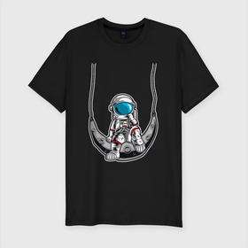 Мужская футболка хлопок Slim с принтом Космонавт  на луне в Кировске, 92% хлопок, 8% лайкра | приталенный силуэт, круглый вырез ворота, длина до линии бедра, короткий рукав | вселенная | космический | космонавт | космос | луна