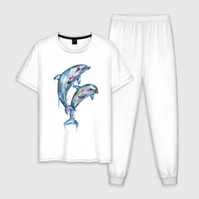 Мужская пижама хлопок с принтом Dolphins   Watercolour в Новосибирске, 100% хлопок | брюки и футболка прямого кроя, без карманов, на брюках мягкая резинка на поясе и по низу штанин
 | art | dolphin | fin | watercolour | акварель | дельфин | искусство | плавник