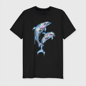 Мужская футболка хлопок Slim с принтом Dolphins   Watercolour в Петрозаводске, 92% хлопок, 8% лайкра | приталенный силуэт, круглый вырез ворота, длина до линии бедра, короткий рукав | art | dolphin | fin | watercolour | акварель | дельфин | искусство | плавник