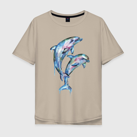 Мужская футболка хлопок Oversize с принтом Dolphins   Watercolour в Новосибирске, 100% хлопок | свободный крой, круглый ворот, “спинка” длиннее передней части | art | dolphin | fin | watercolour | акварель | дельфин | искусство | плавник