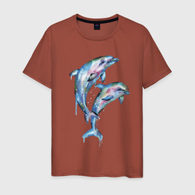 Мужская футболка хлопок с принтом Dolphins   Watercolour в Петрозаводске, 100% хлопок | прямой крой, круглый вырез горловины, длина до линии бедер, слегка спущенное плечо. | art | dolphin | fin | watercolour | акварель | дельфин | искусство | плавник