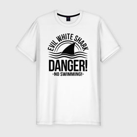 Мужская футболка хлопок Slim с принтом Danger   No swiming   Evil White Shark в Петрозаводске, 92% хлопок, 8% лайкра | приталенный силуэт, круглый вырез ворота, длина до линии бедра, короткий рукав | Тематика изображения на принте: danger | fin | shark | swiming | акула | опасность | плавание | плавник