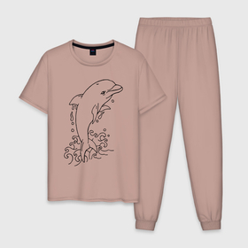 Мужская пижама хлопок с принтом Dolphin   Tattoo в Тюмени, 100% хлопок | брюки и футболка прямого кроя, без карманов, на брюках мягкая резинка на поясе и по низу штанин
 | Тематика изображения на принте: dolphin | fin | tattoo | water | вода | дельфин | плавник | татуировка