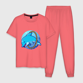 Мужская пижама хлопок с принтом Дрессированный дельфинчик в Кировске, 100% хлопок | брюки и футболка прямого кроя, без карманов, на брюках мягкая резинка на поясе и по низу штанин
 | dolphin | hoop | ocean | sea | дельфин | море | обруч | океан