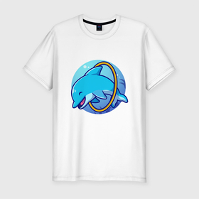 Мужская футболка хлопок Slim с принтом Дрессированный дельфинчик в Кировске, 92% хлопок, 8% лайкра | приталенный силуэт, круглый вырез ворота, длина до линии бедра, короткий рукав | dolphin | hoop | ocean | sea | дельфин | море | обруч | океан