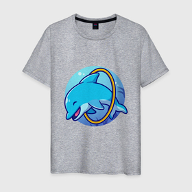 Мужская футболка хлопок с принтом Дрессированный дельфинчик в Тюмени, 100% хлопок | прямой крой, круглый вырез горловины, длина до линии бедер, слегка спущенное плечо. | dolphin | hoop | ocean | sea | дельфин | море | обруч | океан