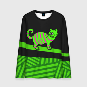 Мужской лонгслив 3D с принтом Зеленый полосатый  кот в Екатеринбурге, 100% полиэстер | длинные рукава, круглый вырез горловины, полуприлегающий силуэт | Тематика изображения на принте: зеленая кошка | зеленый кот | кот | котенок | котик | кошка | полосатый
