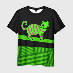 Мужская футболка 3D с принтом Зеленый полосатый  кот в Екатеринбурге, 100% полиэфир | прямой крой, круглый вырез горловины, длина до линии бедер | Тематика изображения на принте: зеленая кошка | зеленый кот | кот | котенок | котик | кошка | полосатый