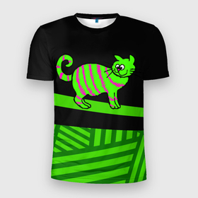 Мужская футболка 3D Slim с принтом Зеленый полосатый  кот в Екатеринбурге, 100% полиэстер с улучшенными характеристиками | приталенный силуэт, круглая горловина, широкие плечи, сужается к линии бедра | Тематика изображения на принте: зеленая кошка | зеленый кот | кот | котенок | котик | кошка | полосатый