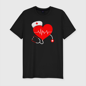 Мужская футболка хлопок Slim с принтом Сердце и фонендоскоп в Тюмени, 92% хлопок, 8% лайкра | приталенный силуэт, круглый вырез ворота, длина до линии бедра, короткий рукав | doctor | physician | врач | врачи | доктор | лекарь | медик | медицина | медработник | сердце | скребок | терапевт | фонендоскоп | целитель | шабер | эскулап