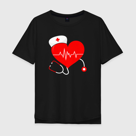 Мужская футболка хлопок Oversize с принтом Сердце и фонендоскоп в Кировске, 100% хлопок | свободный крой, круглый ворот, “спинка” длиннее передней части | doctor | physician | врач | врачи | доктор | лекарь | медик | медицина | медработник | сердце | скребок | терапевт | фонендоскоп | целитель | шабер | эскулап