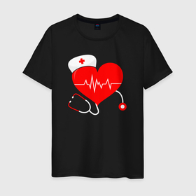 Мужская футболка хлопок с принтом Сердце и фонендоскоп в Тюмени, 100% хлопок | прямой крой, круглый вырез горловины, длина до линии бедер, слегка спущенное плечо. | doctor | physician | врач | врачи | доктор | лекарь | медик | медицина | медработник | сердце | скребок | терапевт | фонендоскоп | целитель | шабер | эскулап