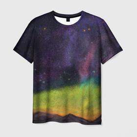 Мужская футболка 3D с принтом Горный пейзаж со звёздным небом и северным сиянием by Apkx в Екатеринбурге, 100% полиэфир | прямой крой, круглый вырез горловины, длина до линии бедер | apkx | aurora | night | stars | аркх | горы | звёзды | ночь | пейзаж | северное сияние