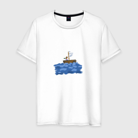 Мужская футболка хлопок с принтом Долгое плавание в Тюмени, 100% хлопок | прямой крой, круглый вырез горловины, длина до линии бедер, слегка спущенное плечо. | корабль | лодка | море | моряк | океан | палуба | рисунок