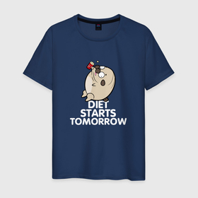 Мужская футболка хлопок с принтом Pug. Diet Starts Tomorrow в Белгороде, 100% хлопок | прямой крой, круглый вырез горловины, длина до линии бедер, слегка спущенное плечо. | dog | fat | диета | жирный | завтра на диету | кость широкая | милый | мопс | надпись | пес | пухлый | смешной | собака | толстый | щенок | юмор | я худею
