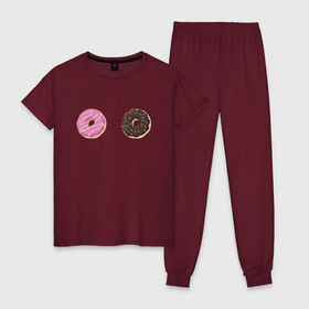 Женская пижама хлопок с принтом Два глазированных пончика , 100% хлопок | брюки и футболка прямого кроя, без карманов, на брюках мягкая резинка на поясе и по низу штанин | глазированный | десерт | еда | пончик | пончики | розовый | с посыпкой | шоколадный