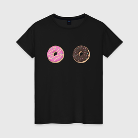 Женская футболка хлопок с принтом Два глазированных пончика в Петрозаводске, 100% хлопок | прямой крой, круглый вырез горловины, длина до линии бедер, слегка спущенное плечо | глазированный | десерт | еда | пончик | пончики | розовый | с посыпкой | шоколадный