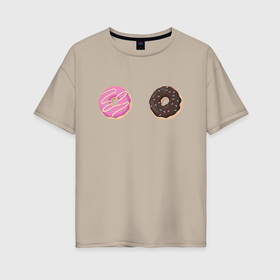 Женская футболка хлопок Oversize с принтом Два глазированных пончика , 100% хлопок | свободный крой, круглый ворот, спущенный рукав, длина до линии бедер
 | глазированный | десерт | еда | пончик | пончики | розовый | с посыпкой | шоколадный