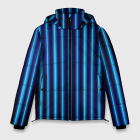 Мужская зимняя куртка 3D с принтом Неоновый свет. Голубые и синие вертикальные полосы. Сияние линий на темном фоне в Тюмени, верх — 100% полиэстер; подкладка — 100% полиэстер; утеплитель — 100% полиэстер | длина ниже бедра, свободный силуэт Оверсайз. Есть воротник-стойка, отстегивающийся капюшон и ветрозащитная планка. 

Боковые карманы с листочкой на кнопках и внутренний карман на молнии. | Тематика изображения на принте: в полоску | в полосочку | гологен | дискотека | женский | ла | линии | мужской | неон | неоновый | неоновый свет | ночной | полосатый | полоска | полоски | полосы | прямая полоса | прямые полосы
