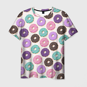 Мужская футболка 3D с принтом Глазированные пончики, паттерн , 100% полиэфир | прямой крой, круглый вырез горловины, длина до линии бедер | Тематика изображения на принте: глазированные | десерт | еда | паттерн | пончики | розовые | с посыпкой | шоколадные