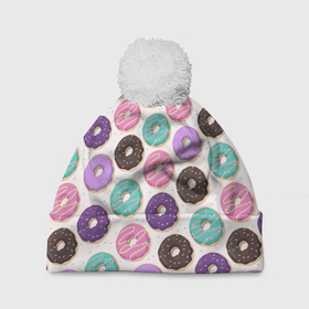 Шапка 3D c помпоном с принтом Глазированные пончики, паттерн , 100% полиэстер | универсальный размер, печать по всей поверхности изделия | Тематика изображения на принте: глазированные | десерт | еда | паттерн | пончики | розовые | с посыпкой | шоколадные