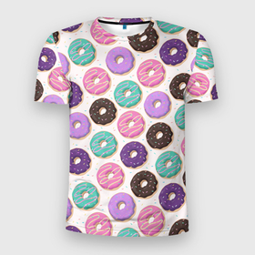 Мужская футболка 3D Slim с принтом Глазированные пончики, паттерн , 100% полиэстер с улучшенными характеристиками | приталенный силуэт, круглая горловина, широкие плечи, сужается к линии бедра | глазированные | десерт | еда | паттерн | пончики | розовые | с посыпкой | шоколадные