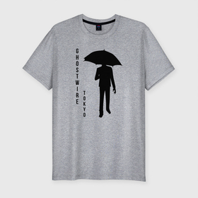 Мужская футболка хлопок Slim с принтом Rain Walker в Тюмени, 92% хлопок, 8% лайкра | приталенный силуэт, круглый вырез ворота, длина до линии бедра, короткий рукав | Тематика изображения на принте: ghostwire | дождь | зонт | игра | надпись | персонаж