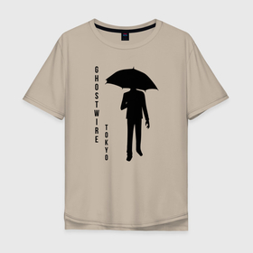 Мужская футболка хлопок Oversize с принтом Rain Walker в Тюмени, 100% хлопок | свободный крой, круглый ворот, “спинка” длиннее передней части | Тематика изображения на принте: ghostwire | дождь | зонт | игра | надпись | персонаж