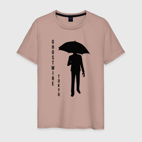 Мужская футболка хлопок с принтом Rain Walker в Екатеринбурге, 100% хлопок | прямой крой, круглый вырез горловины, длина до линии бедер, слегка спущенное плечо. | ghostwire | дождь | зонт | игра | надпись | персонаж