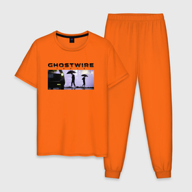 Мужская пижама хлопок с принтом GhostWire: Rain Walker , 100% хлопок | брюки и футболка прямого кроя, без карманов, на брюках мягкая резинка на поясе и по низу штанин
 | ghostwire | зонты | игра | машина | надпись | персонажи | токио | япония