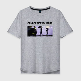 Мужская футболка хлопок Oversize с принтом GhostWire: Rain Walker в Петрозаводске, 100% хлопок | свободный крой, круглый ворот, “спинка” длиннее передней части | ghostwire | зонты | игра | машина | надпись | персонажи | токио | япония