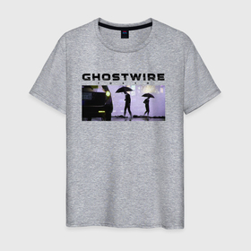 Мужская футболка хлопок с принтом GhostWire: Rain Walker в Екатеринбурге, 100% хлопок | прямой крой, круглый вырез горловины, длина до линии бедер, слегка спущенное плечо. | ghostwire | зонты | игра | машина | надпись | персонажи | токио | япония
