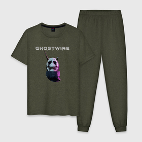 Мужская пижама хлопок с принтом Маска Ghostwire: Tokyo в Тюмени, 100% хлопок | брюки и футболка прямого кроя, без карманов, на брюках мягкая резинка на поясе и по низу штанин
 | Тематика изображения на принте: ghostwire | игра | маска | надпись | названиме | персонаж | токио | япония