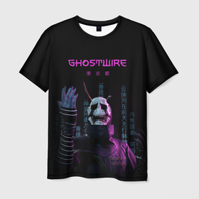 Мужская футболка 3D с принтом Игра GhostWire в Тюмени, 100% полиэфир | прямой крой, круглый вырез горловины, длина до линии бедер | ghostwire | игра | иероглифы | маска | надпись | персонаж | токио | япония
