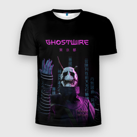 Мужская футболка 3D Slim с принтом Игра GhostWire в Тюмени, 100% полиэстер с улучшенными характеристиками | приталенный силуэт, круглая горловина, широкие плечи, сужается к линии бедра | ghostwire | игра | иероглифы | маска | надпись | персонаж | токио | япония