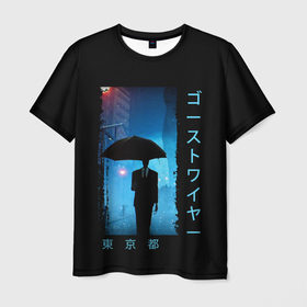 Мужская футболка 3D с принтом Rain Walker Tokyo в Тюмени, 100% полиэфир | прямой крой, круглый вырез горловины, длина до линии бедер | ghostwire | дождь | зонт | игра | иероглифы | надпись | персонаж | токио | улица | япония