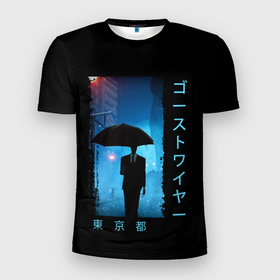 Мужская футболка 3D Slim с принтом Rain Walker Tokyo в Тюмени, 100% полиэстер с улучшенными характеристиками | приталенный силуэт, круглая горловина, широкие плечи, сужается к линии бедра | ghostwire | дождь | зонт | игра | иероглифы | надпись | персонаж | токио | улица | япония