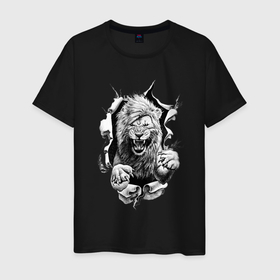 Мужская футболка хлопок с принтом Lion attacks (pencil style) в Белгороде, 100% хлопок | прямой крой, круглый вырез горловины, длина до линии бедер, слегка спущенное плечо. | animals | cats | lion | животные | зубы | крупные кошки | львы | охота | пасть | рисунок | характер | хищник