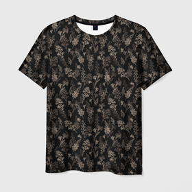 Мужская футболка 3D с принтом Цветочный паттерн на темном фоне в Курске, 100% полиэфир | прямой крой, круглый вырез горловины, длина до линии бедер | ветки | веточки | на темном фоне | паттерн | растения | с листьями | цветочный | цветы