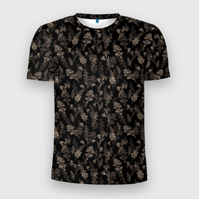 Мужская футболка 3D Slim с принтом Цветочный паттерн на темном фоне в Тюмени, 100% полиэстер с улучшенными характеристиками | приталенный силуэт, круглая горловина, широкие плечи, сужается к линии бедра | ветки | веточки | на темном фоне | паттерн | растения | с листьями | цветочный | цветы
