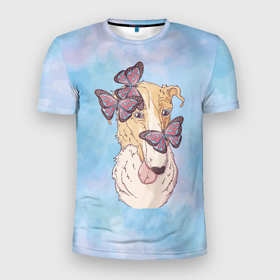 Мужская футболка 3D Slim с принтом Собачка  с бабочками в Санкт-Петербурге, 100% полиэстер с улучшенными характеристиками | приталенный силуэт, круглая горловина, широкие плечи, сужается к линии бедра | бабочки | пес | песик | собака | собачка
