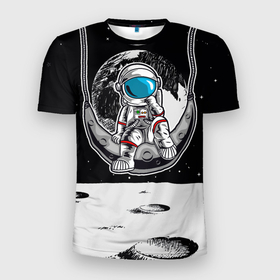 Мужская футболка 3D Slim с принтом Космонавт  на  луне в Белгороде, 100% полиэстер с улучшенными характеристиками | приталенный силуэт, круглая горловина, широкие плечи, сужается к линии бедра | вселенная | космический | космонавт | космос | луна