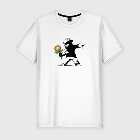 Мужская футболка хлопок Slim с принтом Banksy Mario в Кировске, 92% хлопок, 8% лайкра | приталенный силуэт, круглый вырез ворота, длина до линии бедра, короткий рукав | flower | game | mario | nintendo | super mario | бэнкси | игра | марио | стритарт | цветок