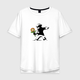 Мужская футболка хлопок Oversize с принтом Banksy Mario в Санкт-Петербурге, 100% хлопок | свободный крой, круглый ворот, “спинка” длиннее передней части | flower | game | mario | nintendo | super mario | бэнкси | игра | марио | стритарт | цветок