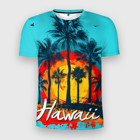 Мужская футболка 3D Slim с принтом Hawaii | Солнце, Пальмы в Петрозаводске, 100% полиэстер с улучшенными характеристиками | приталенный силуэт, круглая горловина, широкие плечи, сужается к линии бедра | beach | hawaii | palm trees | sea | summer | sun | travel | vacation | лето | море | отдых | отпуск | пальмы | пляж | путешествия | солнце